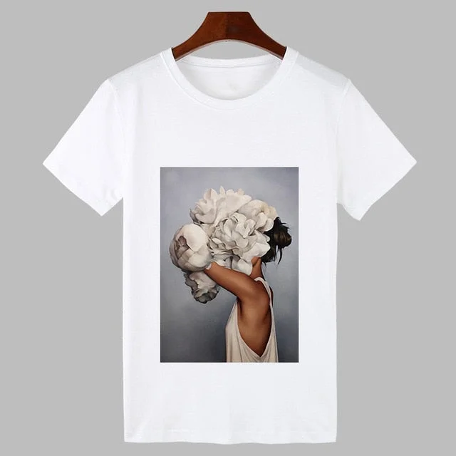 2019 Sexy Flowers Feather Print Harajuku T shirt Women Fashion Tshirt O-neck Short Sleeve T-shirt White Tops Female Clothing