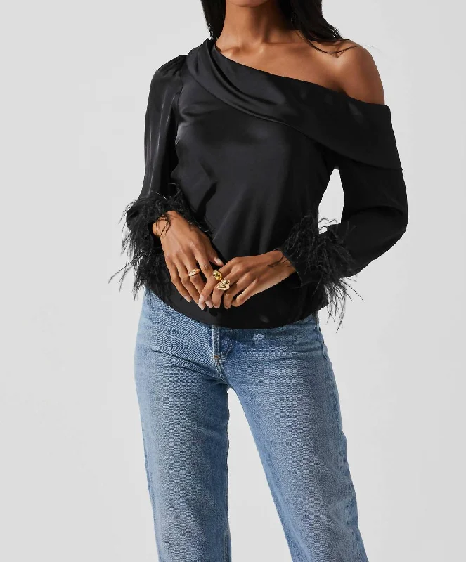 Dawn Off Shoulder Feather Trim Top In Black