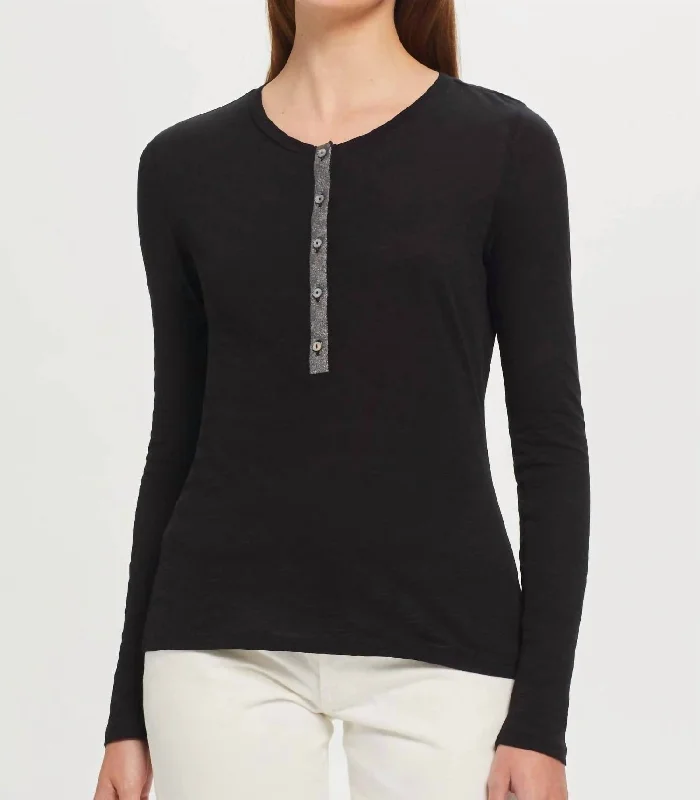 Metallic Placket Long Sleeve Henley Top In Black