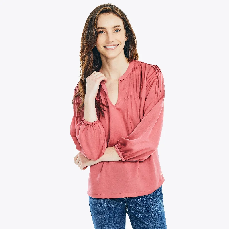 Nautica Womens Pintuck Split-Neck Top