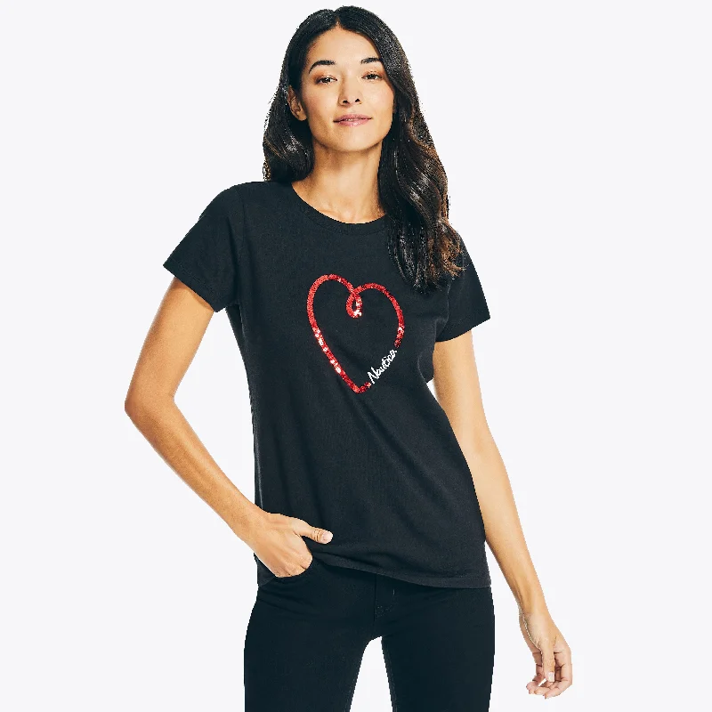 Nautica Womens Sustainably Crafted Sequin Valentine's Heart Puff Graphic T-Shirt