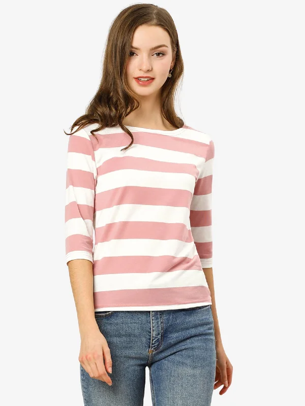 Striped Elbow Sleeve Casual Basic Boat Neck T-shirt