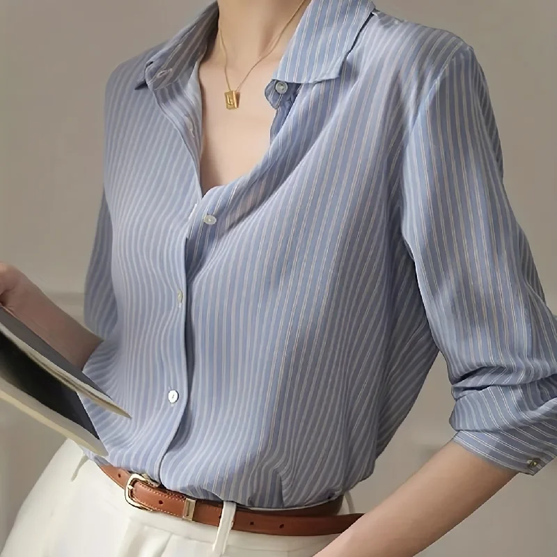 Sixsr Elegant Striped Button Front Shirt, Long Sleeve Shirt For Office & Work, Women's Clothing