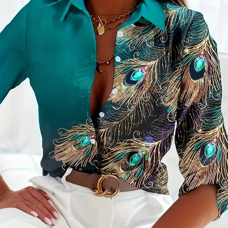 Sixsr Peacock Feather Print Shirt, Long Sleeve Button Up Casual Top For Fall & Spring, Women's Clothing