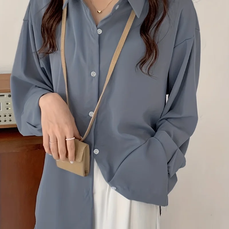 Sixsr Simple Button Front Shirt, Casual Solid Long Sleeve Shirt, Women's Clothing