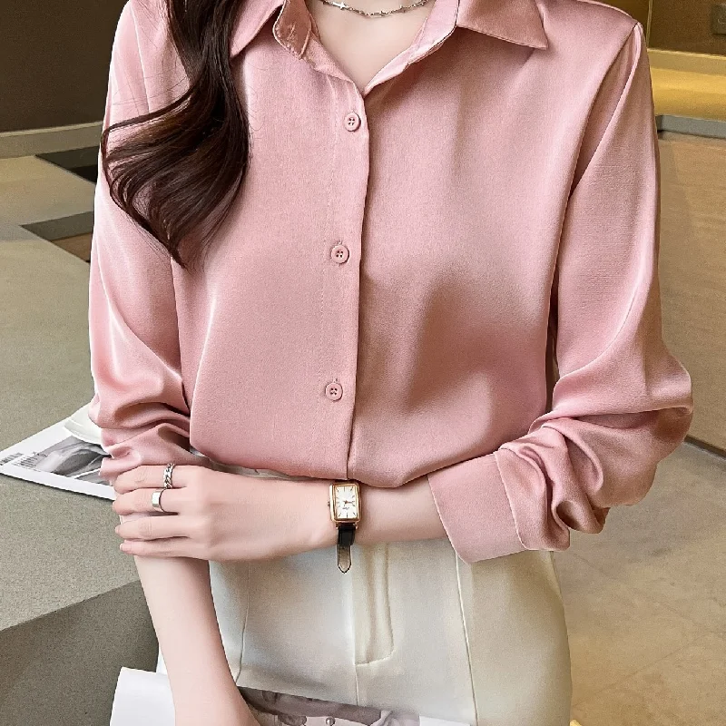 Sixsr Solid Button Front Shirt, Casual Long Sleeve Collar Work Office Shirt, Women's Clothing