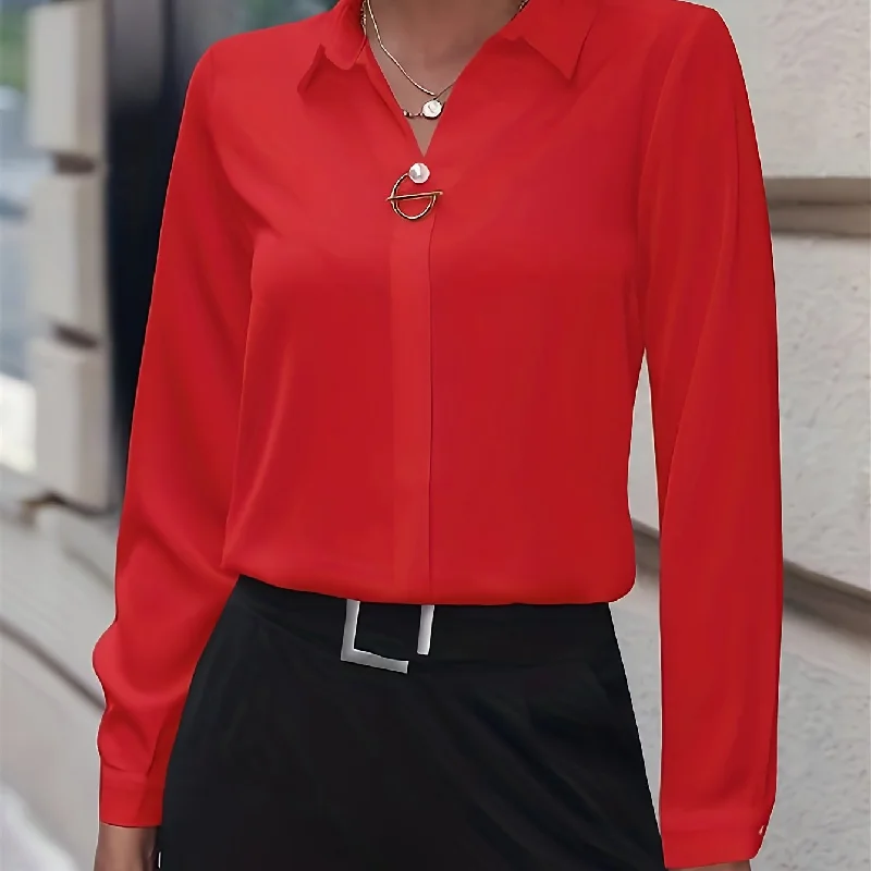 Sixsr Solid Polo Collar Shirt, Elegant Long Sleeve Shirt For Spring & Fall, Women's Clothing