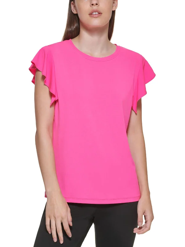 Womens Ruffled Sleeve Crewneck T-Shirt