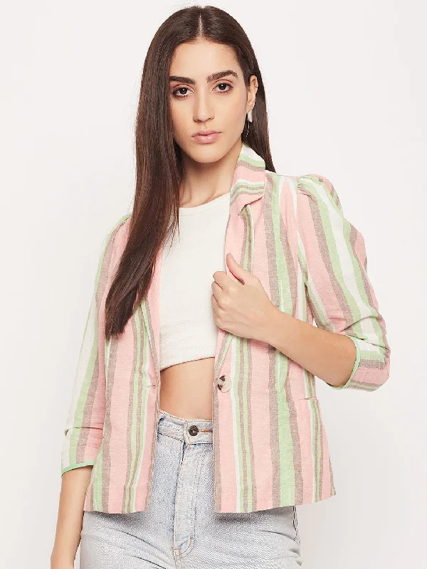 Madame Striped Peach Lapel Collar Blazer