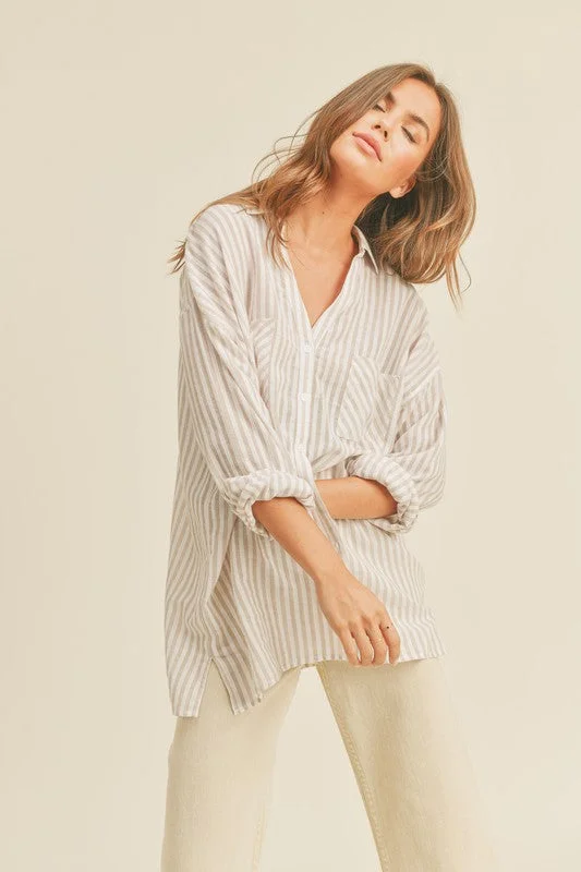 Waitlist 8/31 ♥ Chandler Long Sleeve Stripe Print Button Down Top Beige