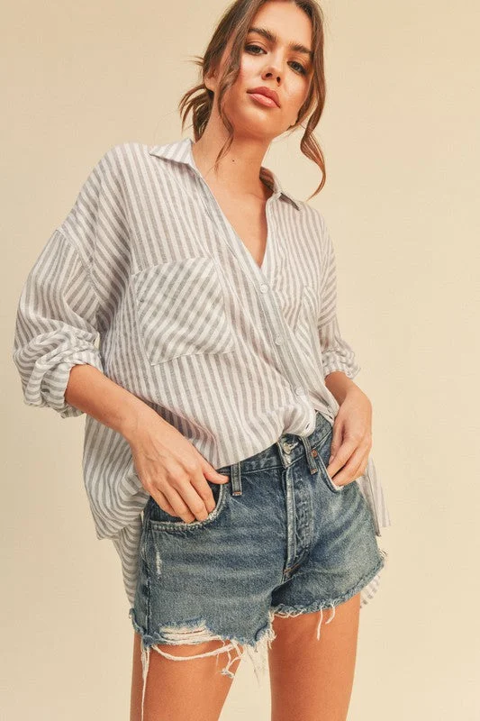 Waitlist 8/31 ♥ Chandler Long Sleeve Stripe Print Button Down Top Grey