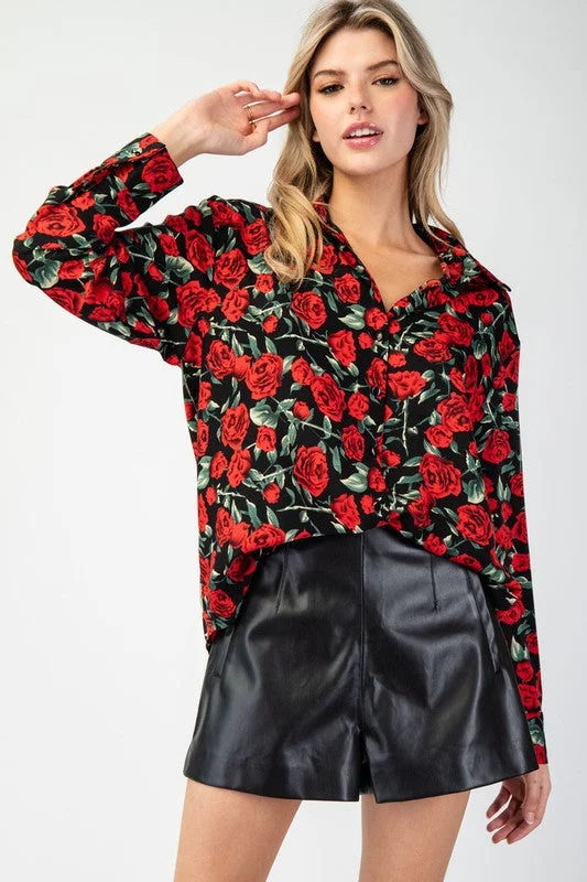 Iris Long Sleeve Rose Print Button Down Top Black