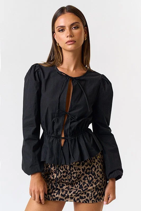 Waitlist 10/30 ♥ Maura Long Sleeve Bow Tie Peplum Top Black